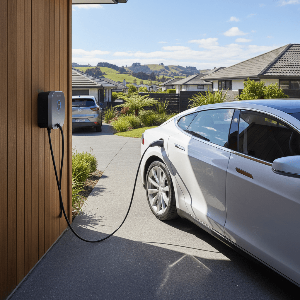 Electric vehicle plugged into home EV charger in New Zealand suburban driveway