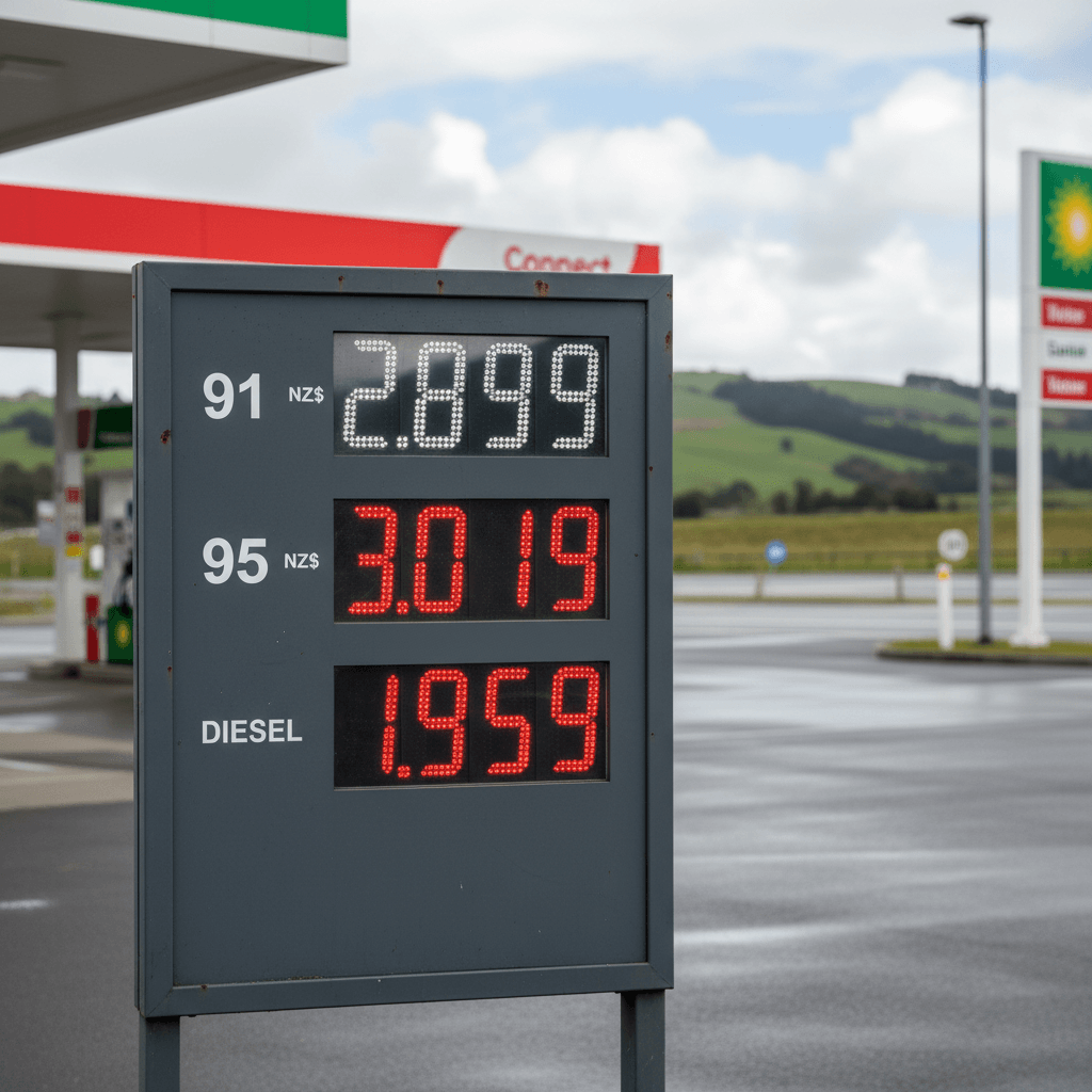 New Zealand petrol station showing high fuel prices at the pump