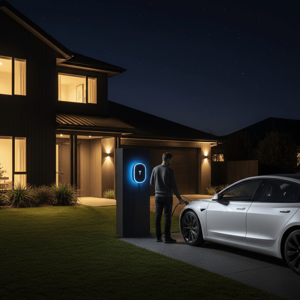 Home EV charger charging electric car overnight in New Zealand