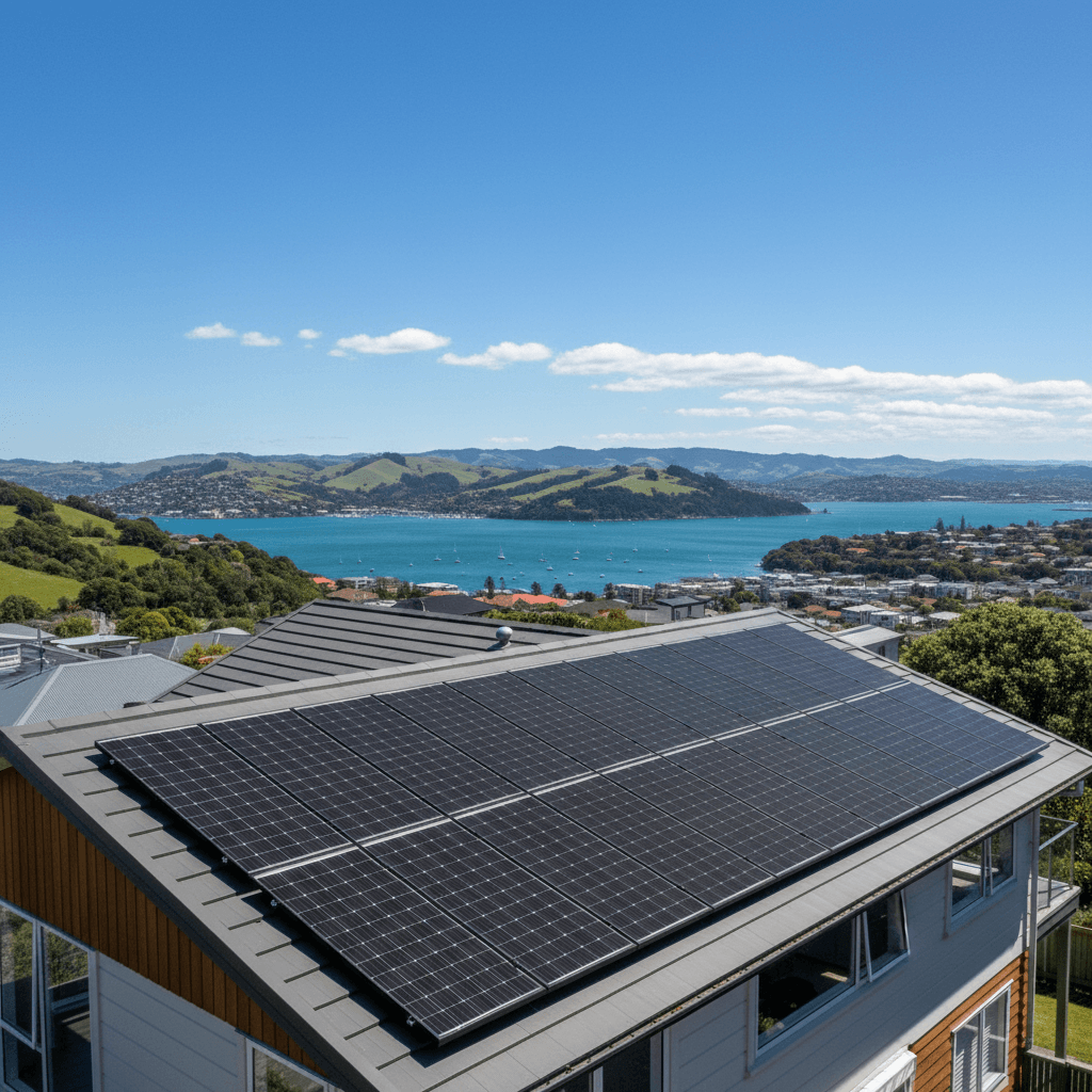 Solar panels installed on a Wellington home rooftop with harbour views