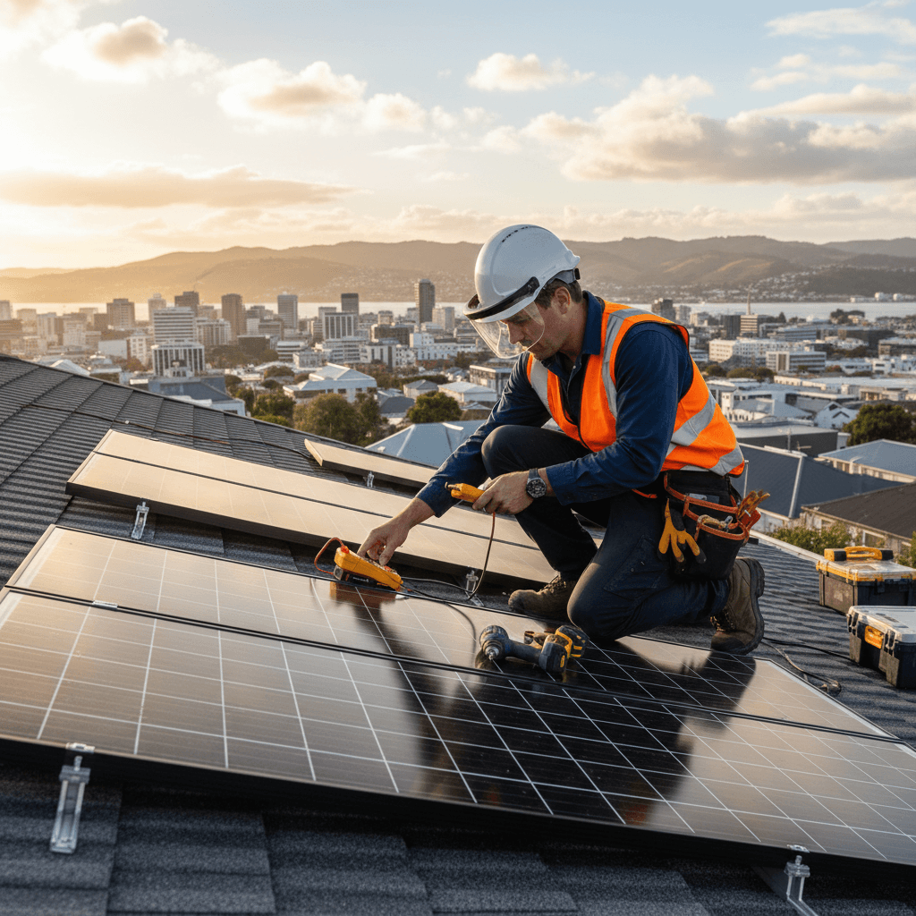 Electrician installing solar panels on a Wellington rooftop