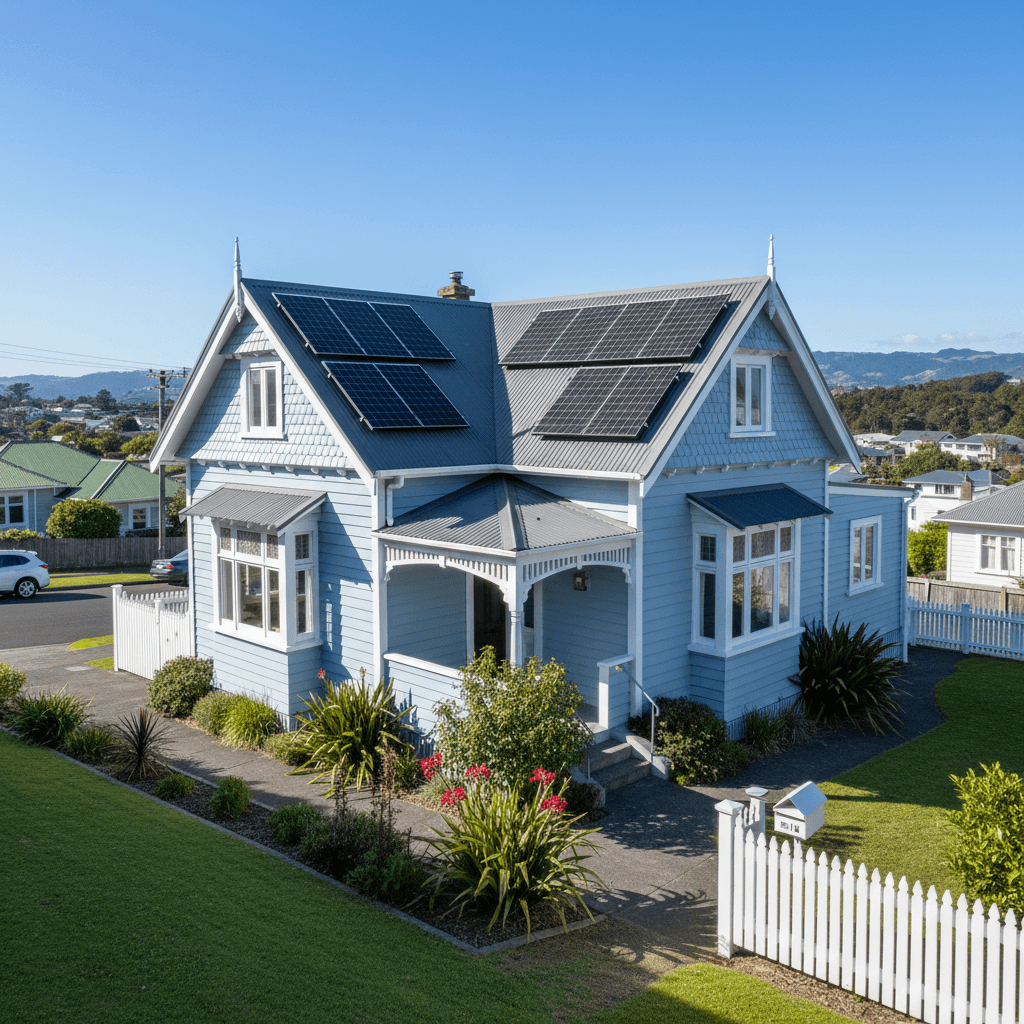 Solar panels on a typical Wellington residential weatherboard house